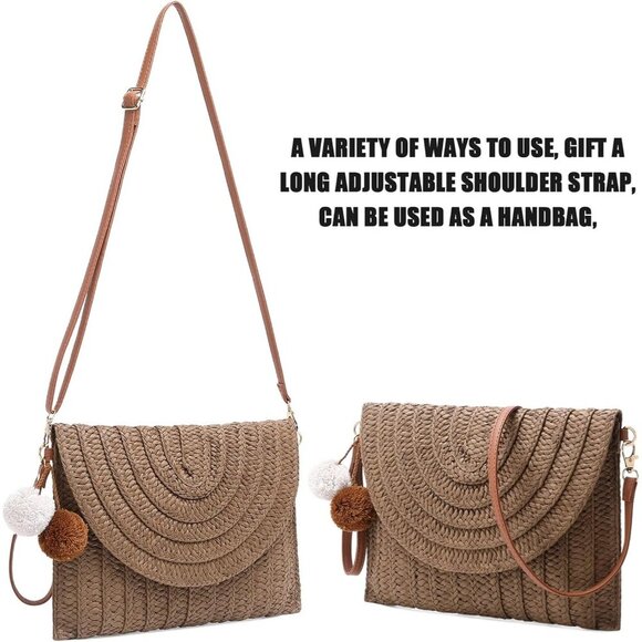 🆕Women Dark Brown Straw Clutch Purse Woven Crossbody Beach Shoulder Bag - Picture 6 of 6